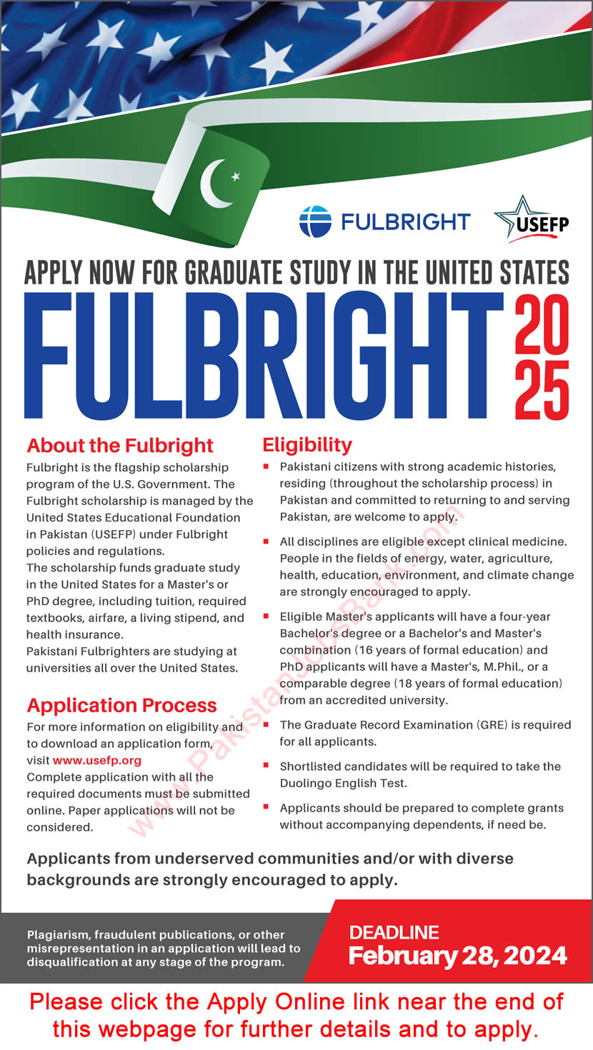 Fulbright Scholarship 2025 for Pakistani Students USEFP USA Online